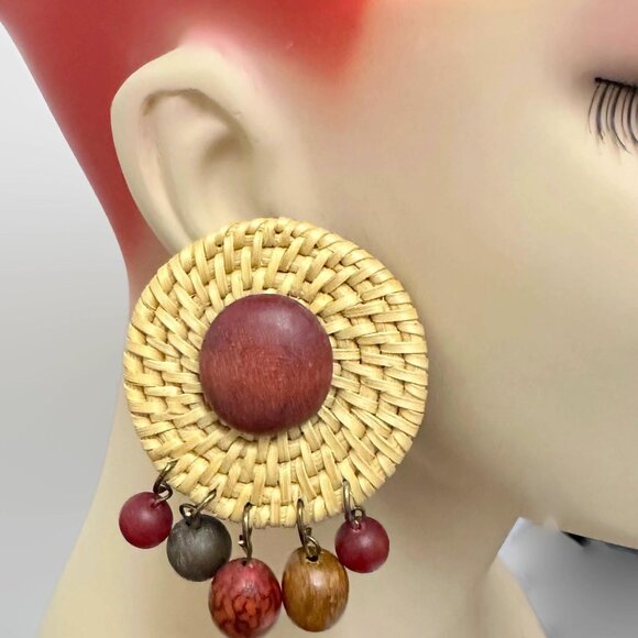 Boho Earrings, Woven, Bohemian, Statement, Pierced, Posts, Dangles, Circles, - Picture 1 of 4